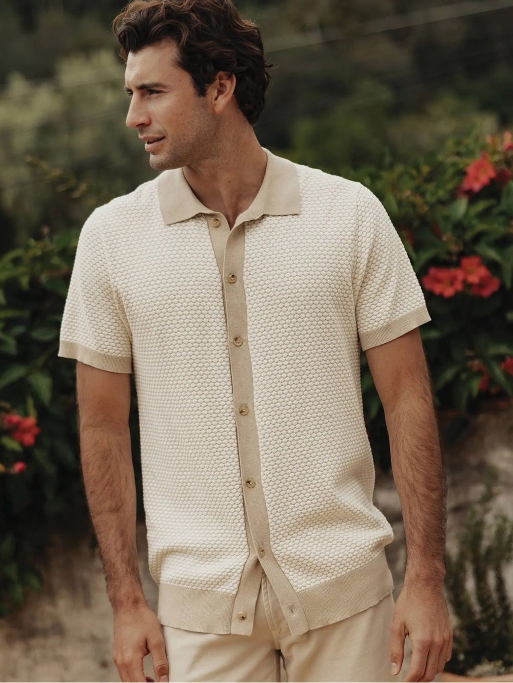 The Normal Brand mens XL ivory khaki jacquard Robles knit button up shirt EUC